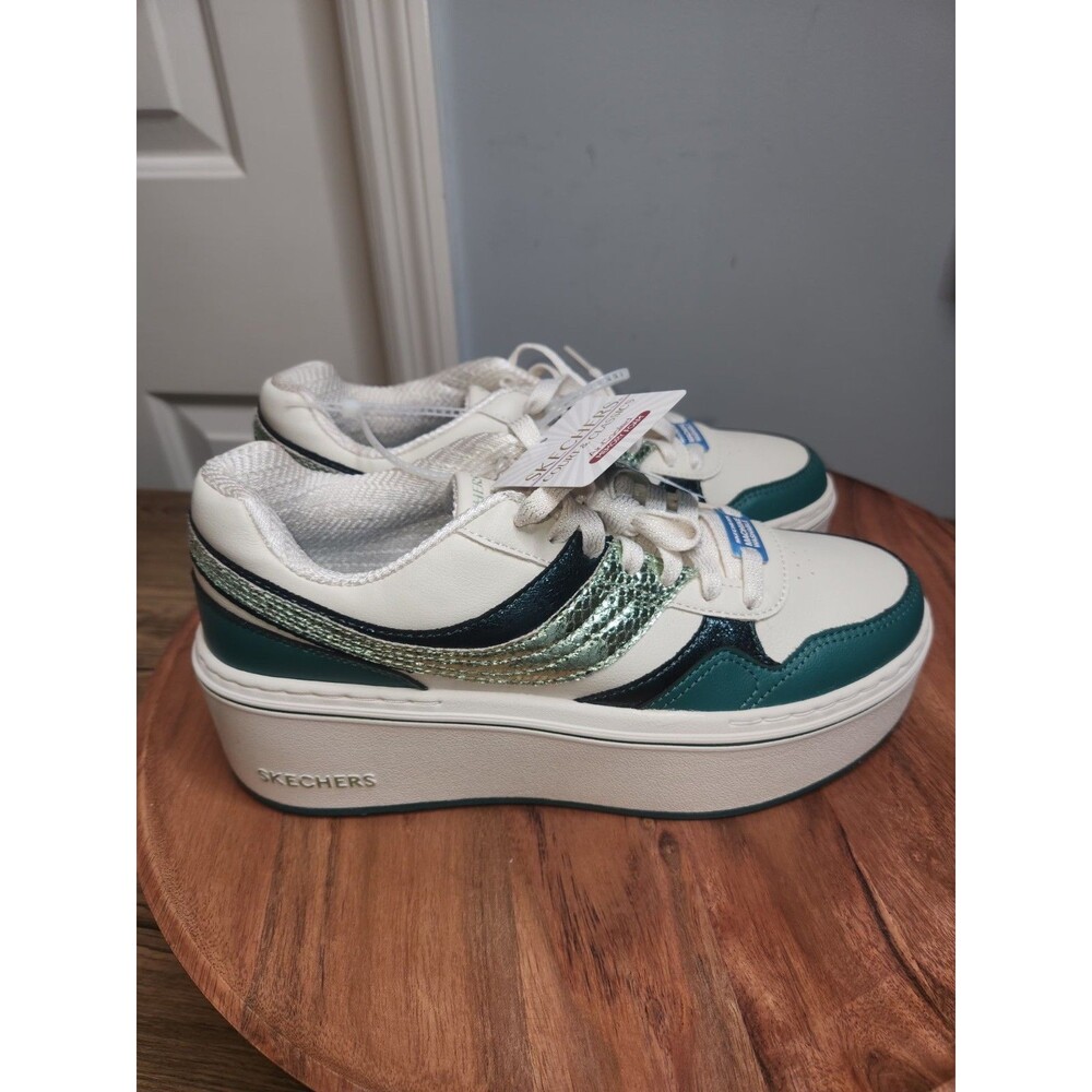 SKECHERS Women's Paloma-Shimmer platform court sneakers. Ntrl/Green, US Sz 8.5